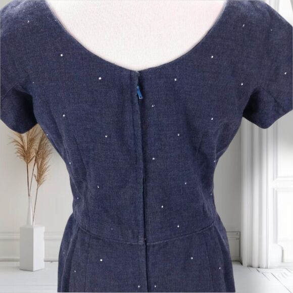 Vintage 50s 60s Beaded Fitted Cocktail Sheath Dress Size 6 Chambray Boat Neck - Picture 8 of 13